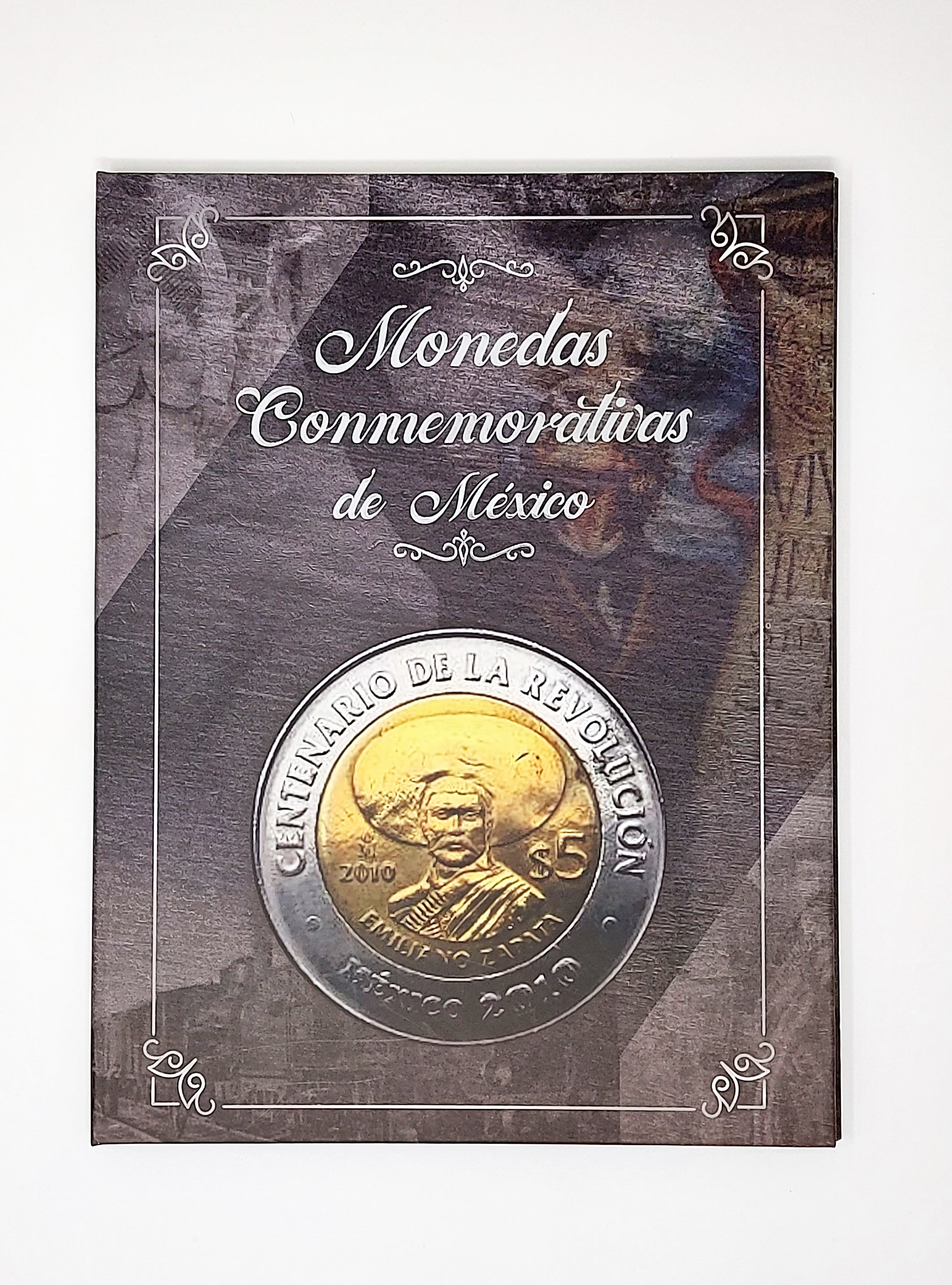 Álbum coleccionador para monedas conmemorativas mexicanas de $5 pesos, con espacios para 20 monedas Bicentenario, 18 monedas Revolución, y dos billetes, diseño rígido con funda. Álbum coleccionador para monedas conmemorativas mexicanas de $5 pesos, con espacios para 20 monedas Bicentenario, 18 monedas Revolución, y dos billetes, diseño rígido con funda.